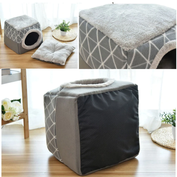 Cos si pat 2 in 1 pentru caini si pisici GREY DREAM 38 x 38 x 34cm - imagine 2